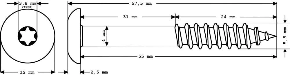 100 x Meisterling® fasadiniai varžtai Inox V4a 5,5 x 55 mm - plokščia galvutė Torx T20 + 1 antgalis - balti