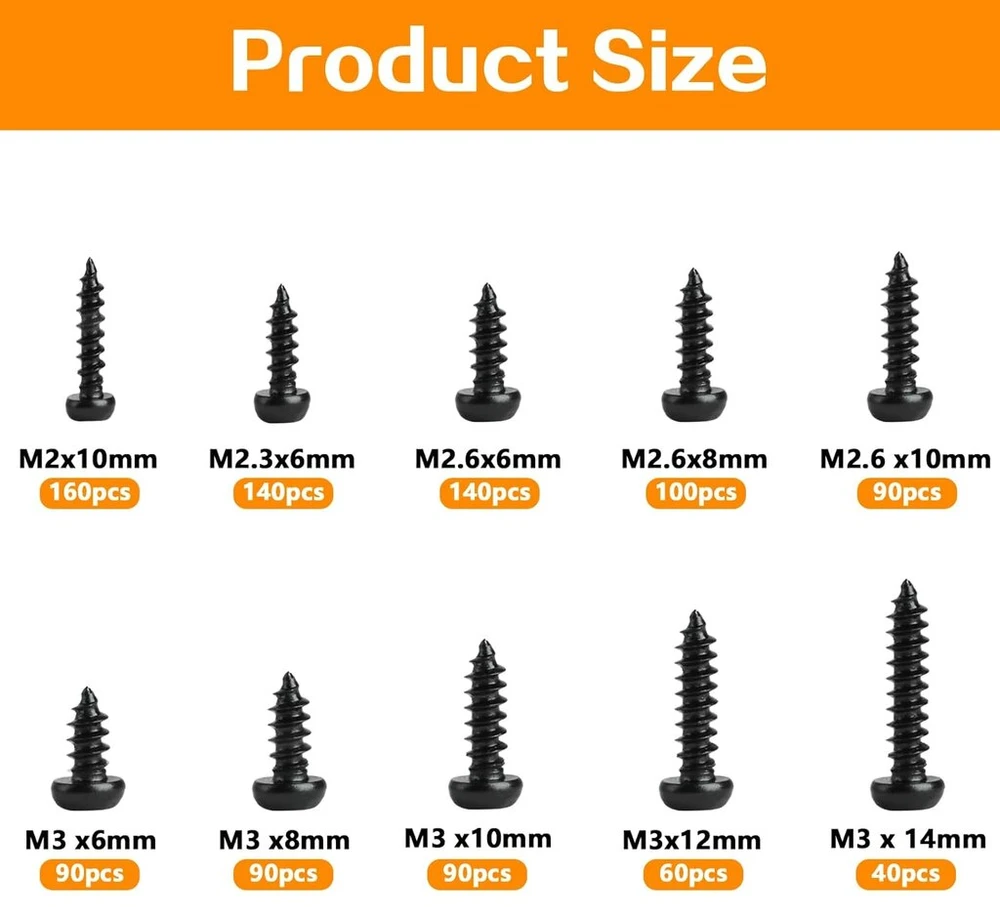 1000 vnt. savisriegių sraigtų rinkinys, torx sraigtai, juodi, m2 m2.3 m2.6 m3 korpuso sraigtai, gręžimo sraigtai, keptuvės galvutės sraigtai, torx plokščios galvutės sraigtai, medvaržčiai