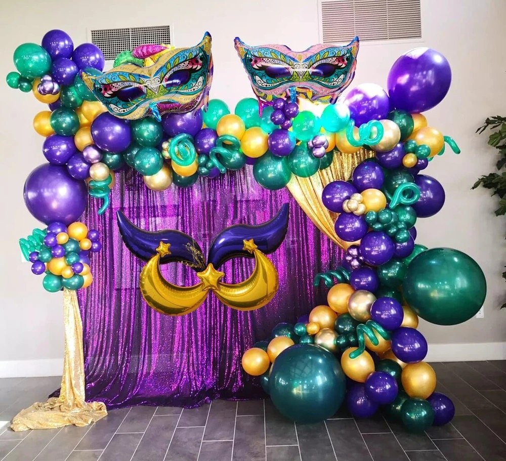 108 dalių mardi gras balionų rinkinys - mardi gras balionų girliandos rinkinys mardi gras kaukės mėnulio žvaigždės foliniai balionai mardi gras gimtadienio kūdikio sutiktuvių dekoravimui