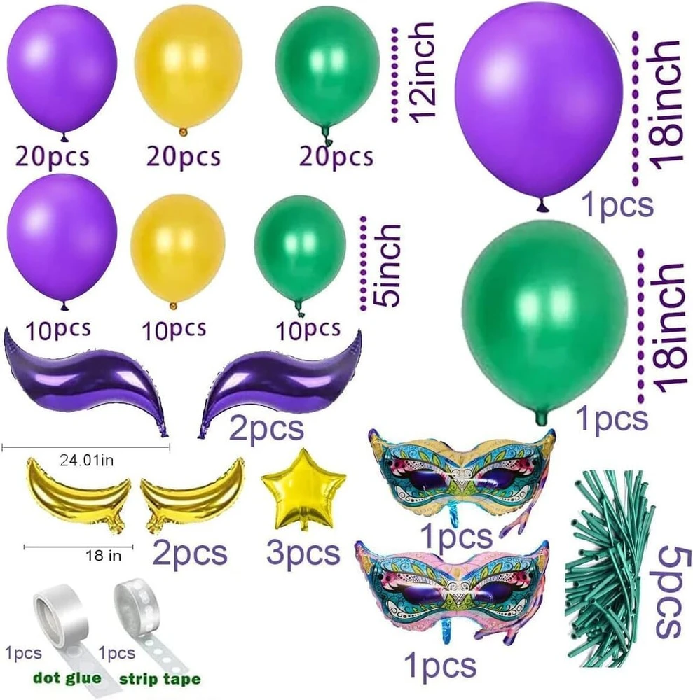 108 dalių mardi gras balionų rinkinys - mardi gras balionų girliandos rinkinys mardi gras kaukės mėnulio žvaigždės foliniai balionai mardi gras gimtadienio kūdikio sutiktuvių dekoravimui