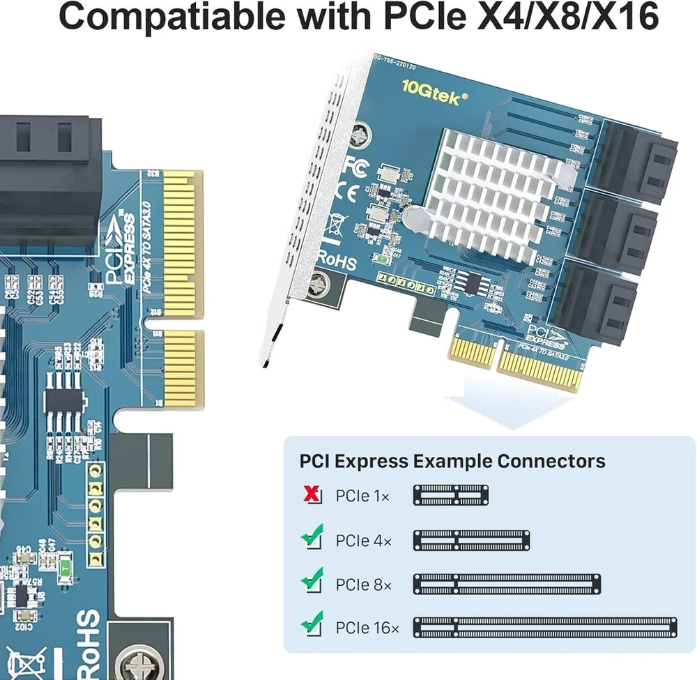 Atminties kortelė 10gtek 6 prievadų Pcie Sata X4 kortelė, 6gbps