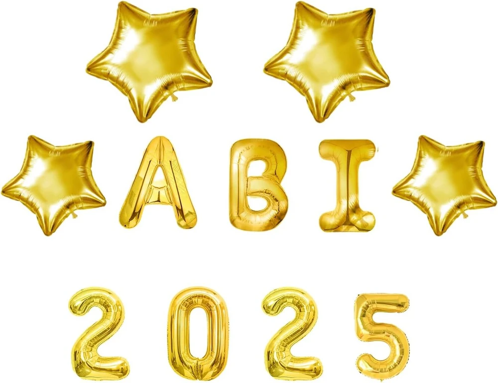 11 vnt. dekoracijų выпускной 2025, Abi 2025 foliniai balionai, dekoracija выпускной, Abi balionų rinkinys, išlaikytas egzaminas, balionas выпускной vakarėliui mokyklos выпускной dekoracija (auksinis)