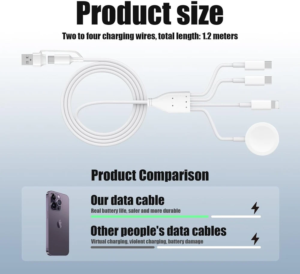 1,2 metro 4-in-2 universalus įkrovimo kabelis – idealiai tinka a-pple watch series 9 iki ultra, taip pat iphone 15 iki 12 – su lightn-ing, usb c, iwatch ir micro jungtimis
