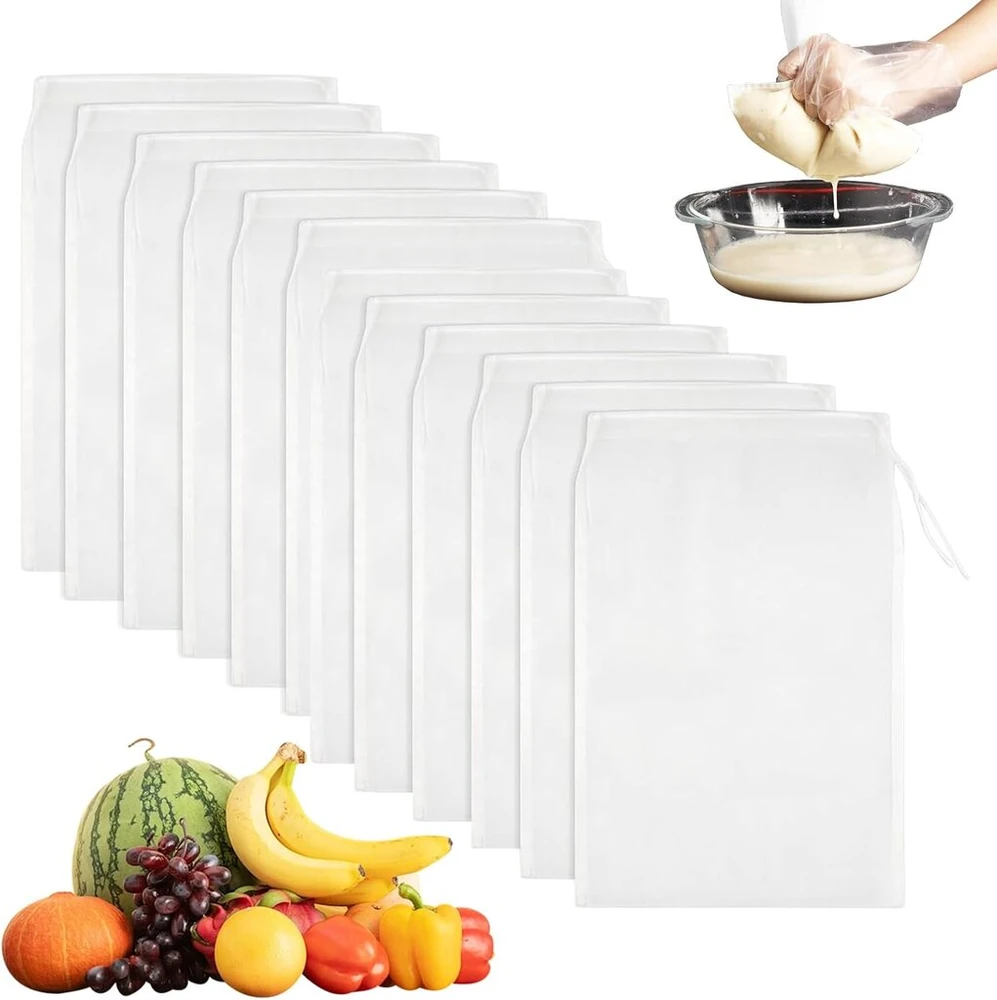 12 vnt. riešutų pieno maišelių, daugkartinio naudojimo 20 x 30 cm smulkaus audimo košimo audinys, nailoninis filtro maišelis, sūrio audinys, tinkamas riešutų pienui, sūriui, kavai, jogurtui, vaisių sultims, daržovių sultims