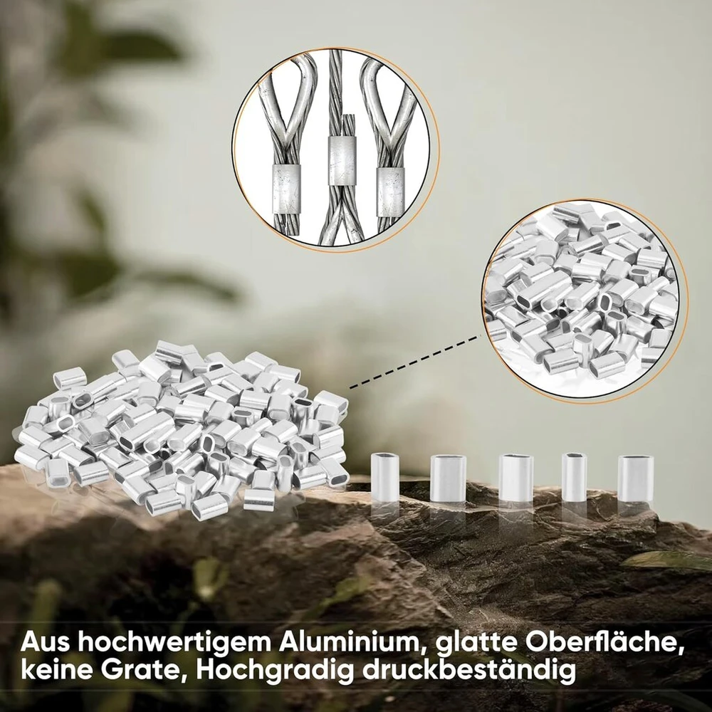 120 aliumininių trosų spaustukų rinkinys, 3 mm trosų gnybtai, ovalios užspaudimo movos, aliumininių movų rinkinys, trosų spaustukas, skirtas jūrų, lauko, sporto, statybos, pramonės reikmėms