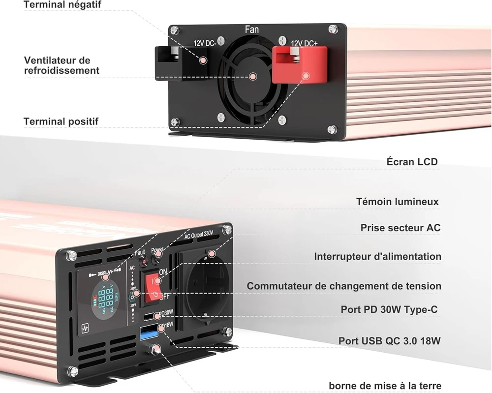 12v į 230v įtampos keitiklis 1000w, grynos sinusės, Lcd, Usb