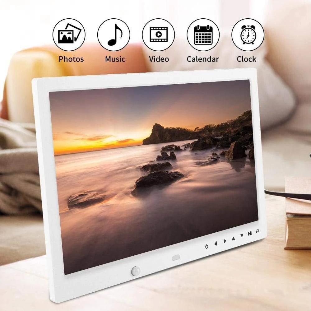 13 colių skaitmeninis nuotraukų rėmelis, nešiojamas 1080p Hd vaizdo rėmelis, laikrodis, nuotolinio valdymo pultas, filmų grotuvas, albumas šeimai, vestuvių metinėms ir kt. (baltas)