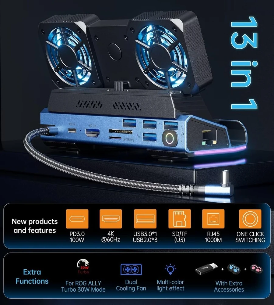 13-in-1 Steam Deck stotelė su aušinimu ir 4k@60hz