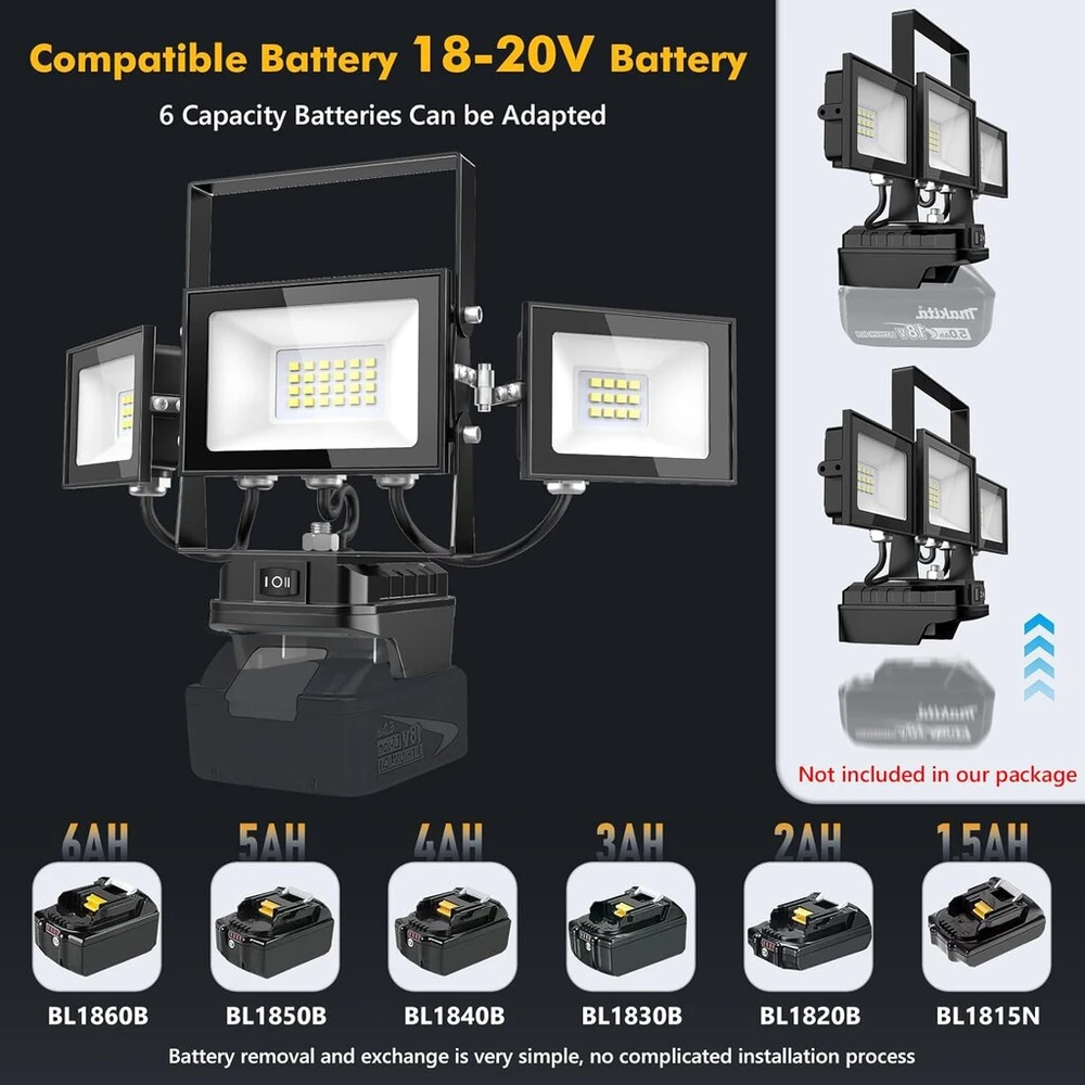 18 V Led statybinis prožektorius darbo lemputė, 90 W 6500 K belaidė statybvietės lempa Led prožektorius akumuliatorius Ip65 atsparus vandeniui priekinis žibintas su Usb prievadu, skirtas M-akita 360° darbo apšvietimui (be akumuliatoriaus)