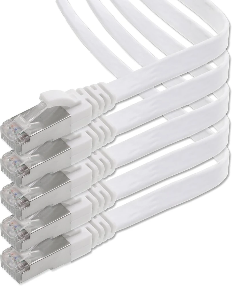 1attack.de 7.5 m - balta - 5 vnt. Cat.7 gigabit ethernet Lan plokščias kabelis (rj45) tinklo kabelis neapdorotas kabelis (10 Gbit/s) instaliacinis kabelis plonas suderinamas su Cat.5 - Cat.5e - Cat.6