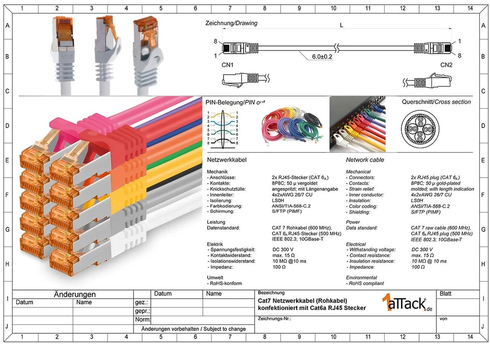 1attack.de Cat.7 tinklo kabelis Cat7 ethernet kabelis patch kabelis tinklo Lan kabelis Cat.7 neapdorotas kabelis 10 Gb/s (sftp Pimf Lszh) rinkinys su Rj45 jungtimi Cat.6a