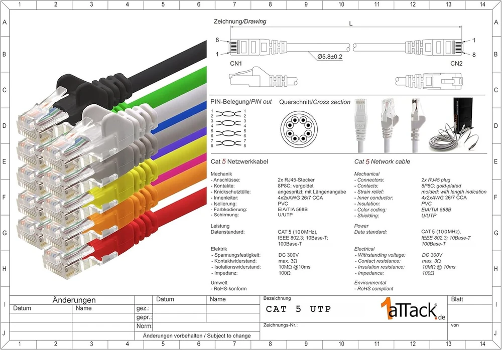 1Attackde Lan tinklo kabelis Cat.5, 3m, baltas