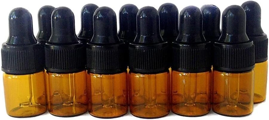 1ml/2ml/3ml gintaro spalvos stikliniai eterinių aliejų buteliukai su juodais lašintuvais, dangteliais, skirti makiažo kosmetikos mėginiams. Buteliukas eterinių aliejų aromaterapijai (12 vnt.) (2ml)