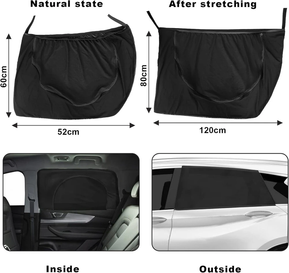 2 dalių automobilio langų užuolaidėlės, apsauga nuo saulės, tampri automobilio galinio lango apsauga nuo saulės, elastingas automobilio užtrauktukas, šoninis langas, apsauga nuo saulės, galinis langas