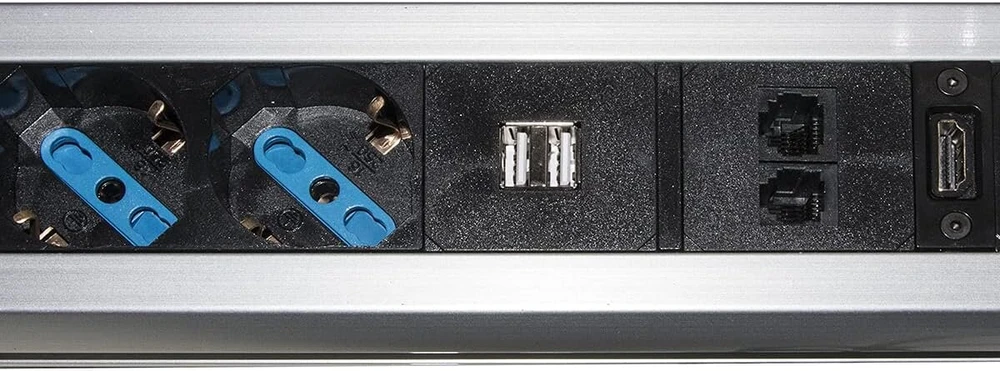 2 krypčių itališkas schuko maitinimo blokas, 2 usb prievadai + 1 rj45 + 1 rj11 + 1 hdmi (moteriška)