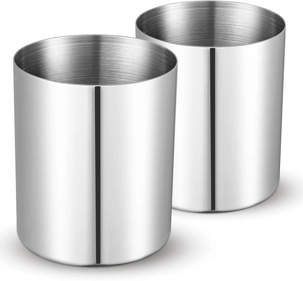 2 pakuotės sidabrinių apvalių nerūdijančio plieno rašiklių laikiklių minimalistinė mini metalinė vaza stalo organizatorius vakuuminė danga makiažo šepetėlių laikiklis