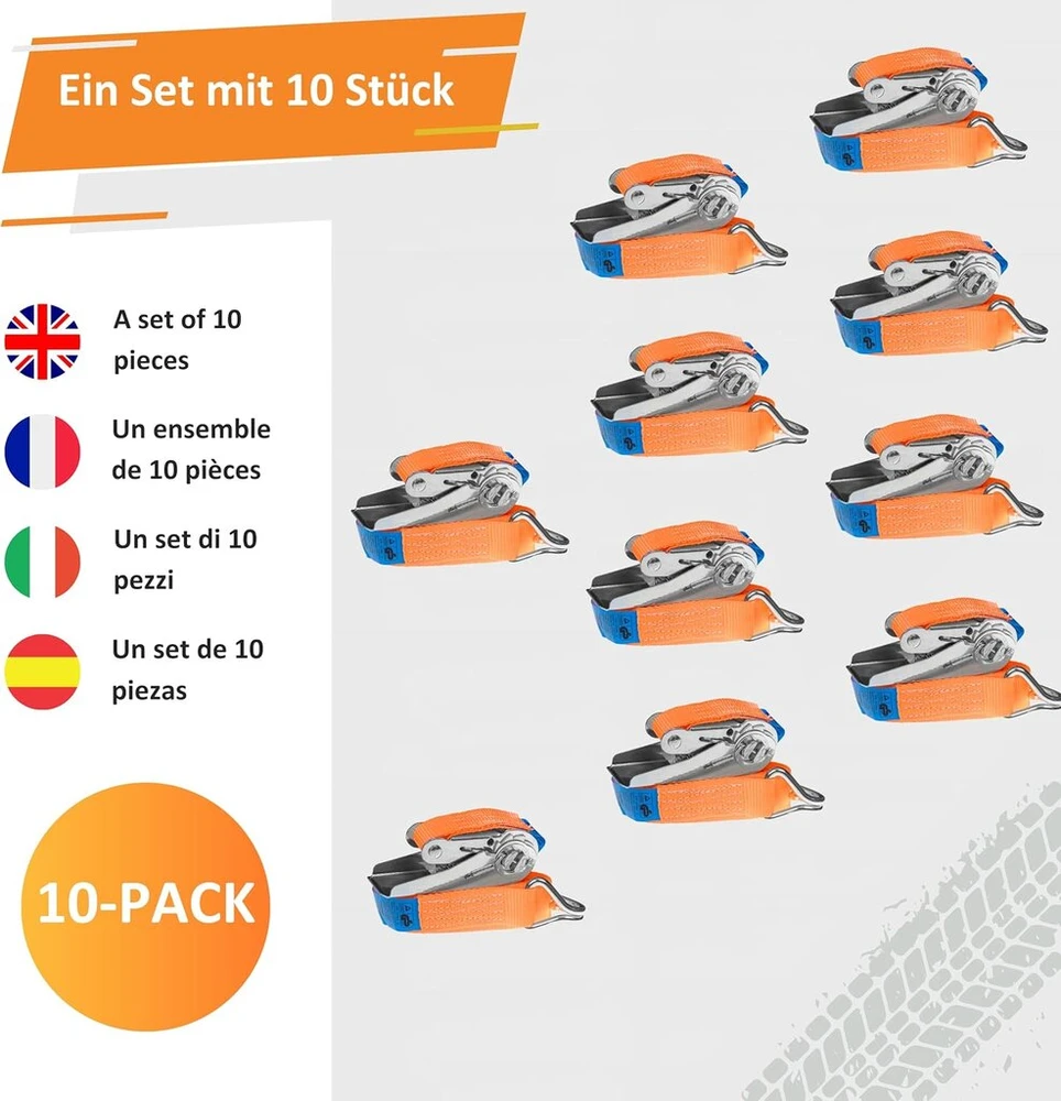 2 rišamųjų diržų su terkšle ir kabliu rinkinys 4 m (3,5 m + 0,5 m) – 800 kg 25 mm – Tüv ir Din patikrinti – 2 dalių tvirtinimo diržai, diržai su terkšle, tvirtinimo diržas priekabai, motociklui, transportavimui