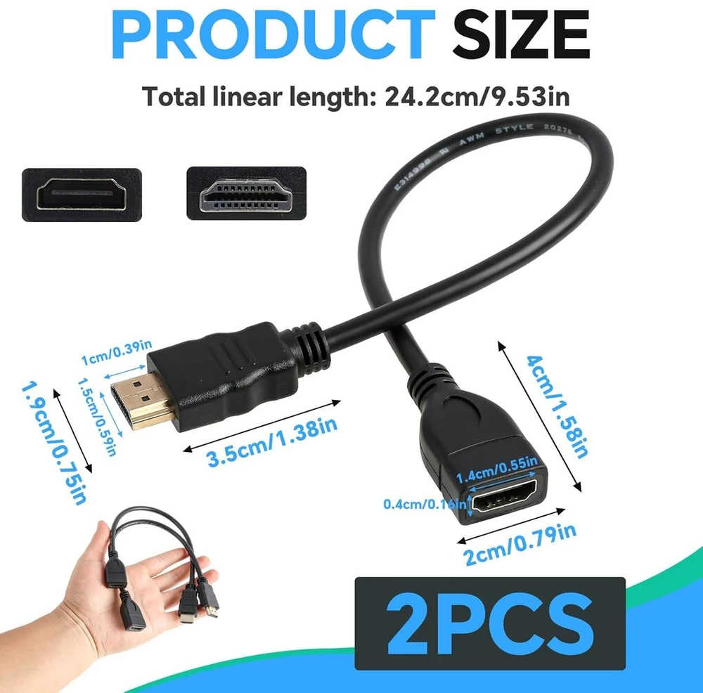 2 vnt. hdmi prailginimo laidas, hdmi prailginimo kabelis, 30 cm, 4k hdmi adapteris iš tėviško į moterišką, palaiko 3d, uhd, 2160p, 60hz hdmi kabelio prailginimas, skirtas tv priedėliui, ps5, monitoriui, projektoriui