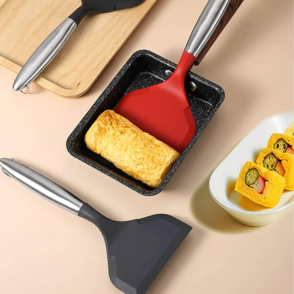 2 vnt. keptuvių mentelių rinkinys, silikoninė mentelė, plati mentelė, nelimpantis omletas, keptuvė Tamagoyaki su nerūdijančio plieno rankena, skirta nelimpančiams indams, kiaušiniams, žuviai, picai ir kepsniams