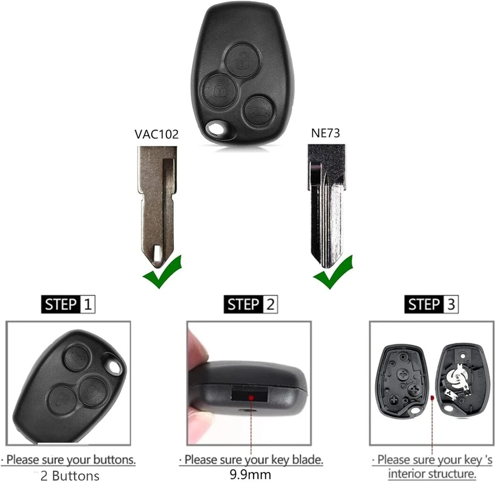 2 vnt. Renault raktų korpusas 3 mygtukų automobilio rakto korpusas Renault su 6 mikro mygtukais ir atsuktuvu, suderinamas su Renault Twingo Kangoo Modus Dacia Clio ir Trafic (9,5 mm)