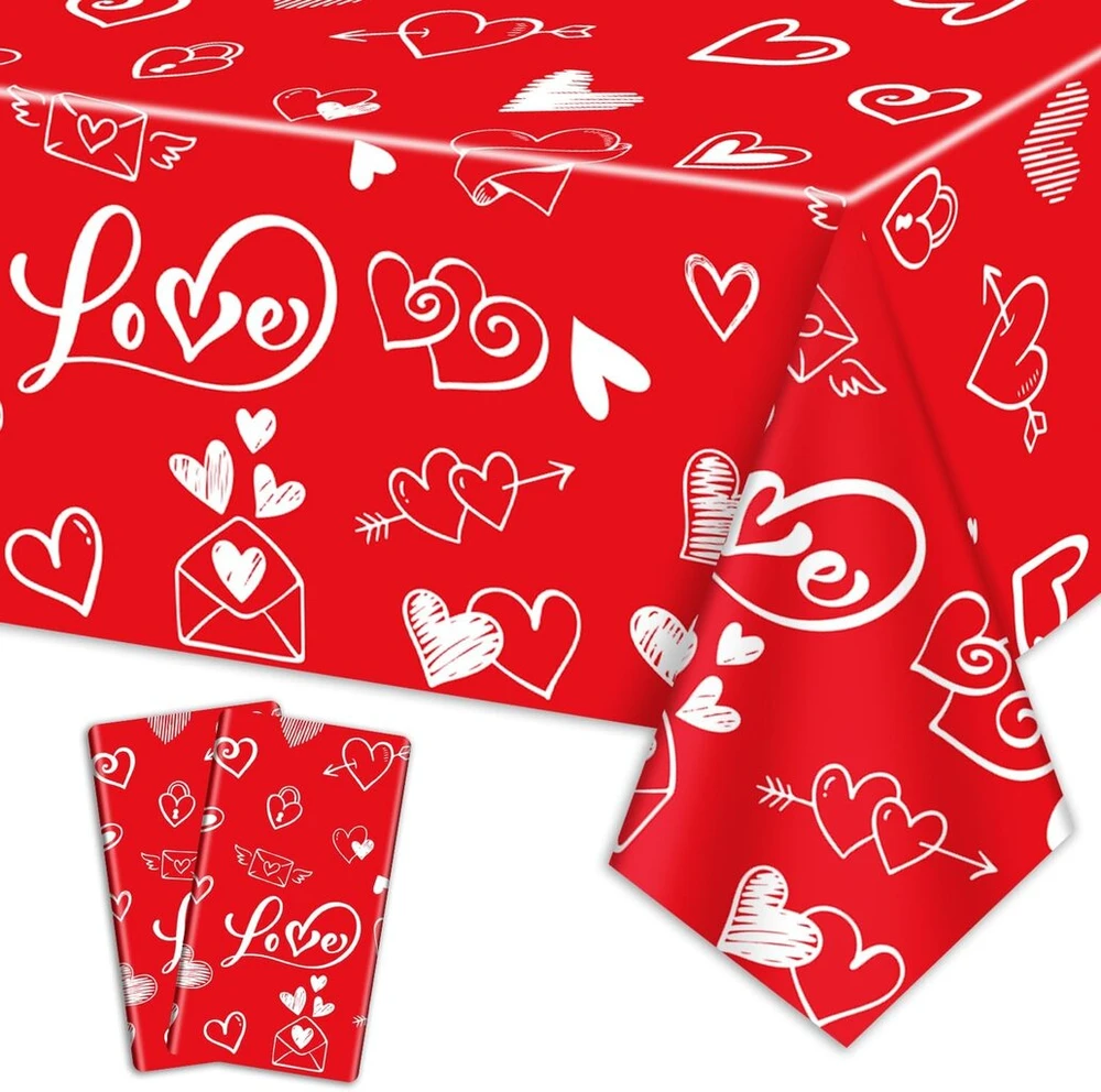 2 vnt. valentinų dienos staltiesių rinkinys, 220 x 130 cm, stačiakampė, valentinų diena, staltiesė su širdelėmis valentinų dienai, vakarėlio dekoracijos, jubiliejus, piršlybos, sužadėtuvės, vestuvių dekoras, raudona