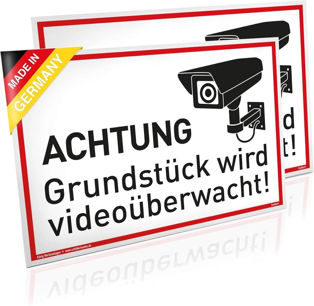 2 ženklai Achtung Grundstück wird videoüberwacht! | Pvc 30 x 20 cm | Tvirtas Pvc ženklas su Uv apsauga | Baltas | Vaizdo stebėjimo kamerų stebėjimas Dreifke®