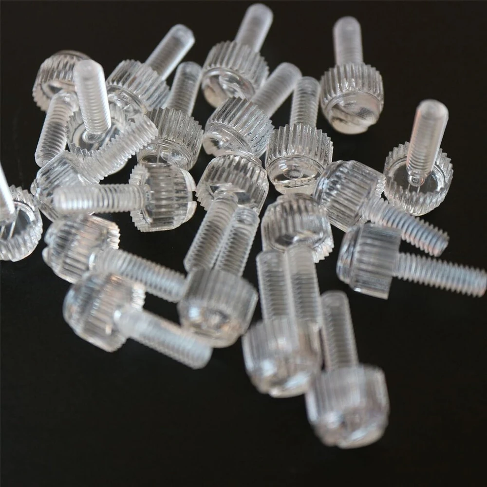 20 skaidrių permatomų plastikinių akrilinių varžtų su galvute, su grioveliu + rievėta galvutė M4 x 12 mm