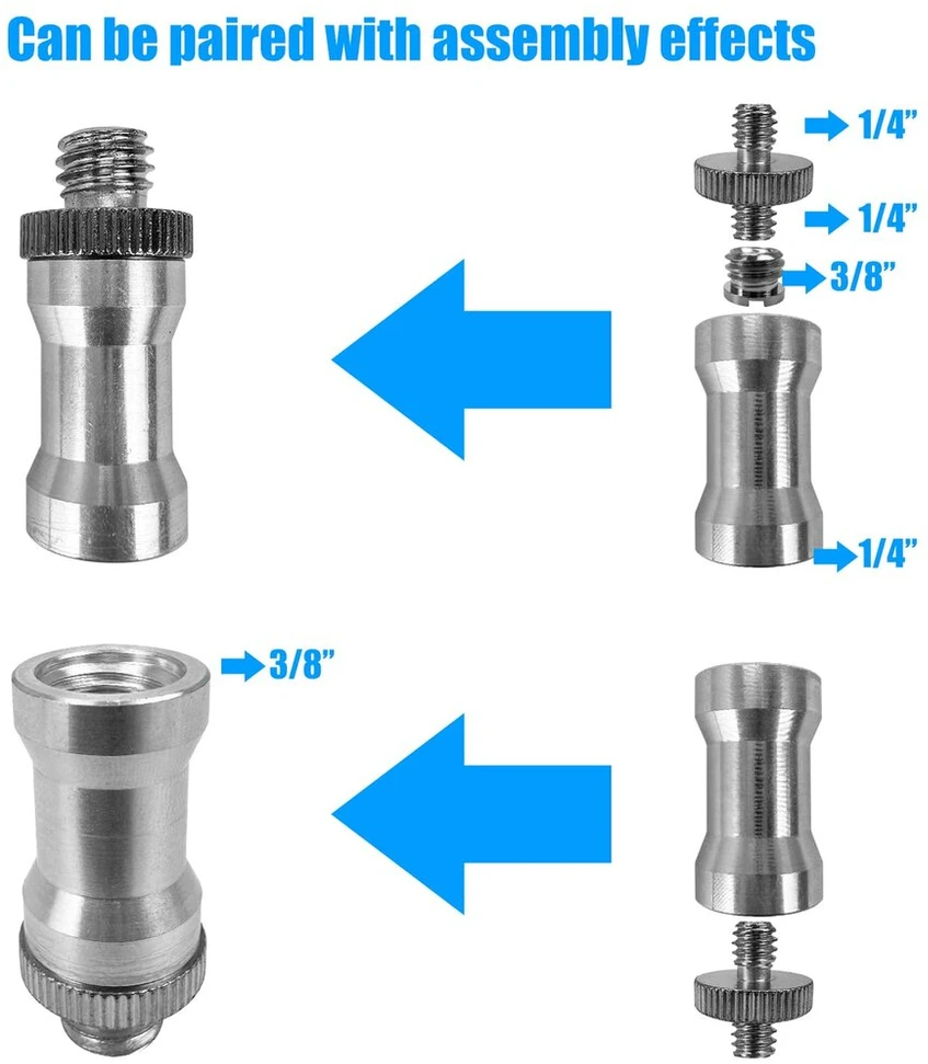 20 vienetų kameros sriegio adapteris nuo 1/4 iki 3/8 colio trikojo varžtas nuo 1/4 iki 1/4 sriegio adapteris sidabrinis metalinis kaiščio adapteris, skirtas kamerai/trikojui/vienkojui/rutulinei galvutei/šviesos stovui