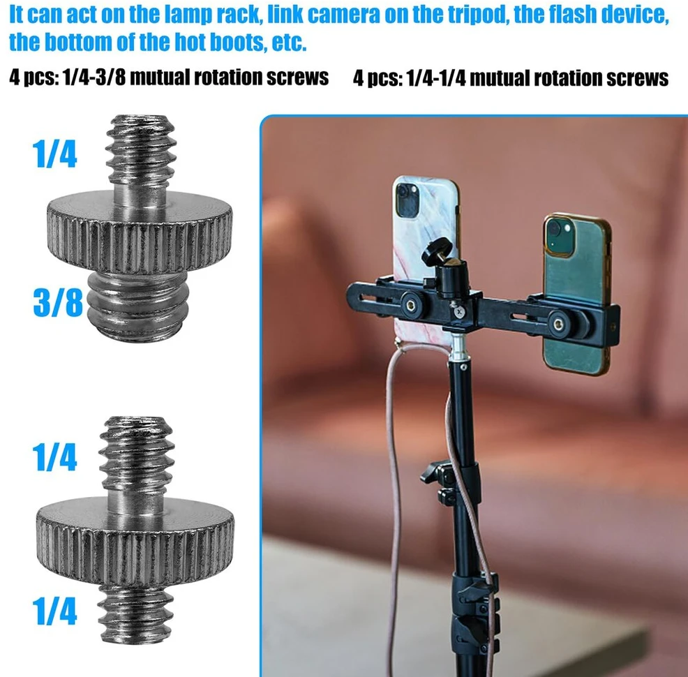 20 vienetų kameros sriegio adapteris nuo 1/4 iki 3/8 colio trikojo varžtas nuo 1/4 iki 1/4 sriegio adapteris sidabrinis metalinis kaiščio adapteris, skirtas kamerai/trikojui/vienkojui/rutulinei galvutei/šviesos stovui