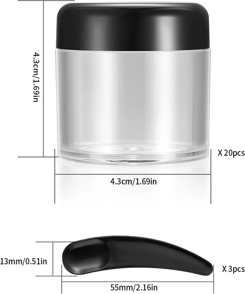 20 vnt. tuščių kremų indelių, 40 ml skaidrūs maži plastikiniai kosmetiniai indeliai, lūpų balzamo indai, su 3 mini mentelėmis, juodi, sandarus buteliukas