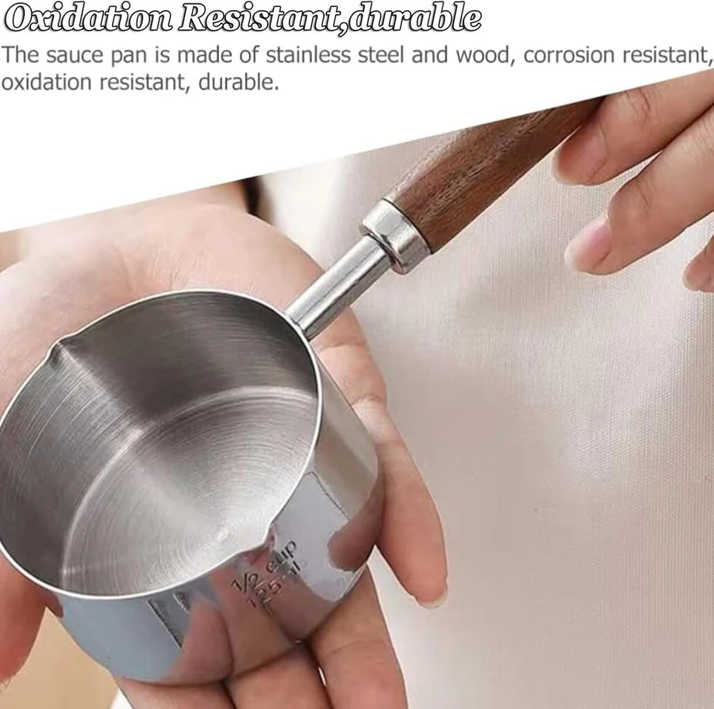 200 ml nerūdijančio plieno nešiojamas pieno puodas, mažas pieno puodas, mažas virimo puodas, sviesto lydymo puodas, padažo puodas, sriubos puodas su medine rankena, skirtas virti pienui, padažui, padažui, makaronams, kavai, arbatai, sriubai
