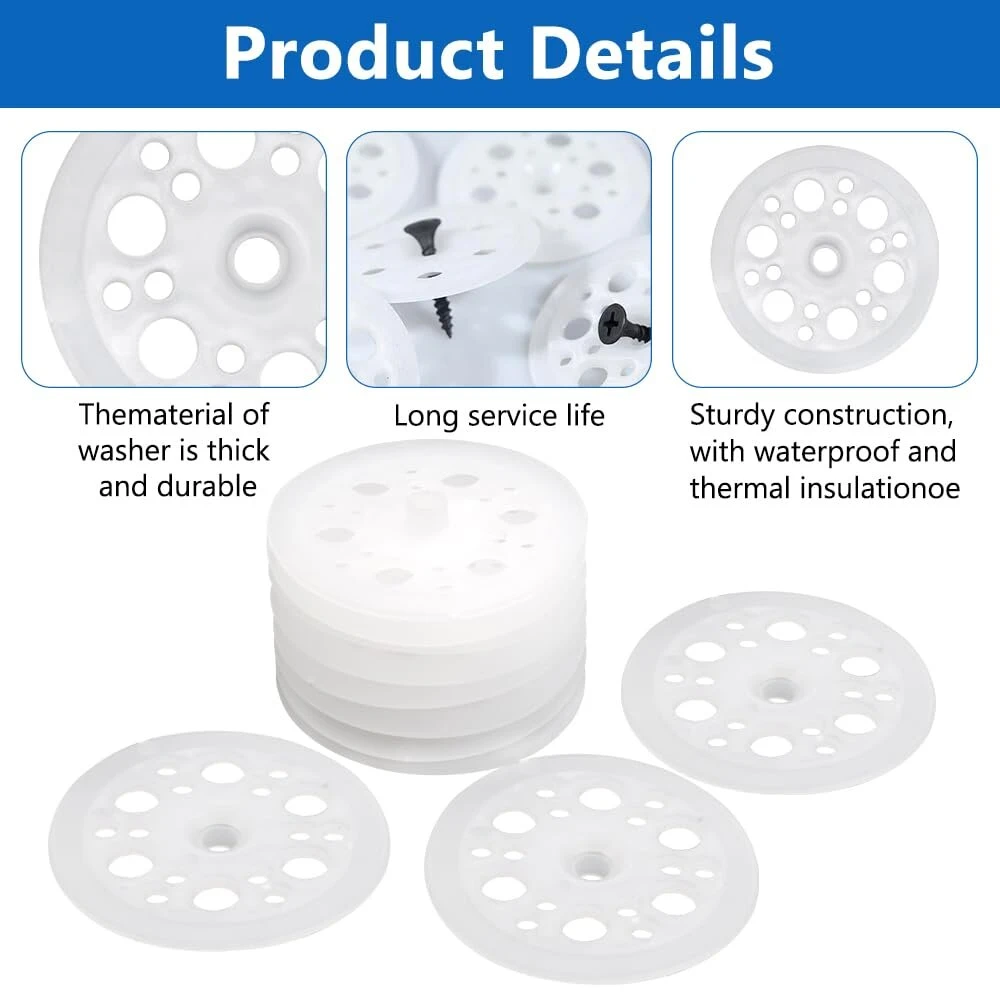 200 plastikinių poveržlių rinkinys, 46 mm plastikinės poveržlės, polipropileninės poveržlės, pp poveržlės, putplasčio plokščių poveržlės putplasčiui tvirtinti ir palaikyti