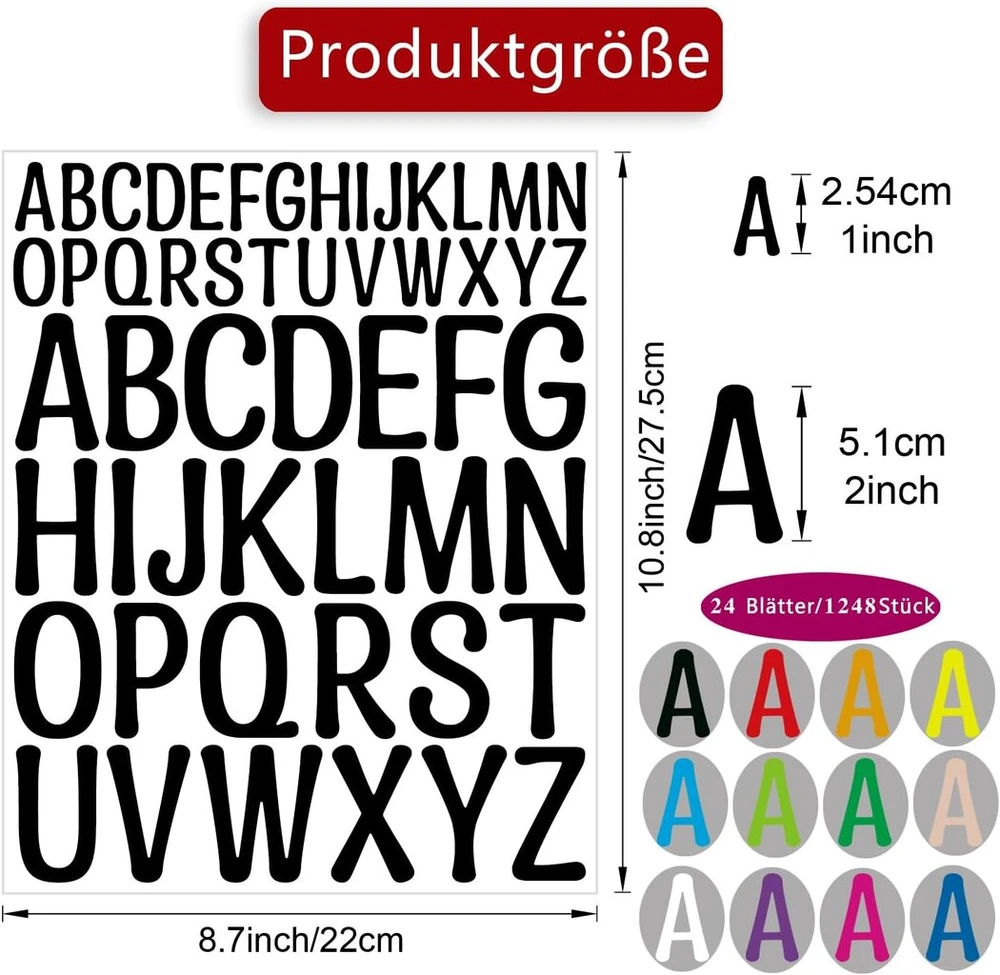 24 lapų raidžių lipdukai, 1248 vienetų lipdukų raidės lipnios vinilinės numerių etiketės, skirtos pašto dėžutėms, numerių etiketės "pasidaryk pats" menui kurti, lipdukai ženklams, sąsiuviniams (12 spalvų)