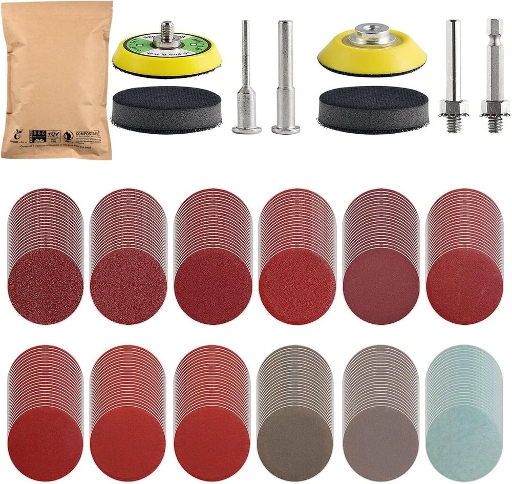 240 šlifavimo diskų rinkinys, 2 colių (50 mm) su 2 vnt. 1/8 col. ir 1/4 col. koteliu, šlifavimo padeliai švitrinis popierius velcro grūdėtumas 80-3000, skirtas medinių baldų dažymui automobiliams