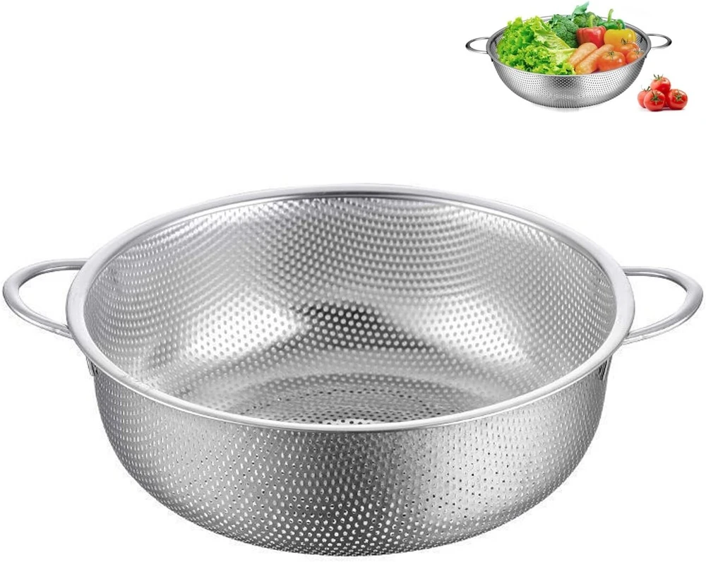 28,5 cm metalinis virtuvinis koštuvas, nerūdijančio plieno koštuvas su dvigubomis rankenomis, metalinis sietelis makaronams, mikroperforuotas koštuvas, skirtas nusausinti ir perkošti makaronus/daržoves/vaisius/ryžius, galima plauti indaplovėje