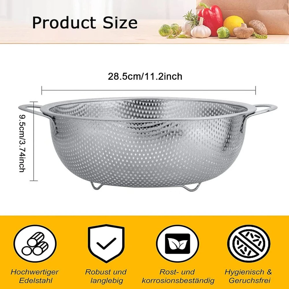 28,5 cm metalinis virtuvinis koštuvas, nerūdijančio plieno koštuvas su dvigubomis rankenomis, metalinis sietelis makaronams, mikroperforuotas koštuvas, skirtas nusausinti ir perkošti makaronus/daržoves/vaisius/ryžius, galima plauti indaplovėje