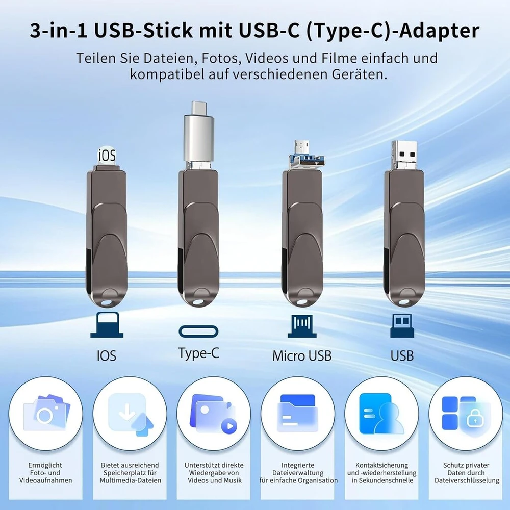 3-in-1 Usb atmintinė 512gb su Usb-c adapteriu, atmintinė telefonui/android/planšetiniam kompiuteriui/pc/nešiojamam kompiuteriui, išorinė photostick - efektyvus duomenų/nuotraukų/video atsarginis kopijavimas, suderinama su Ios ir Android (juoda)