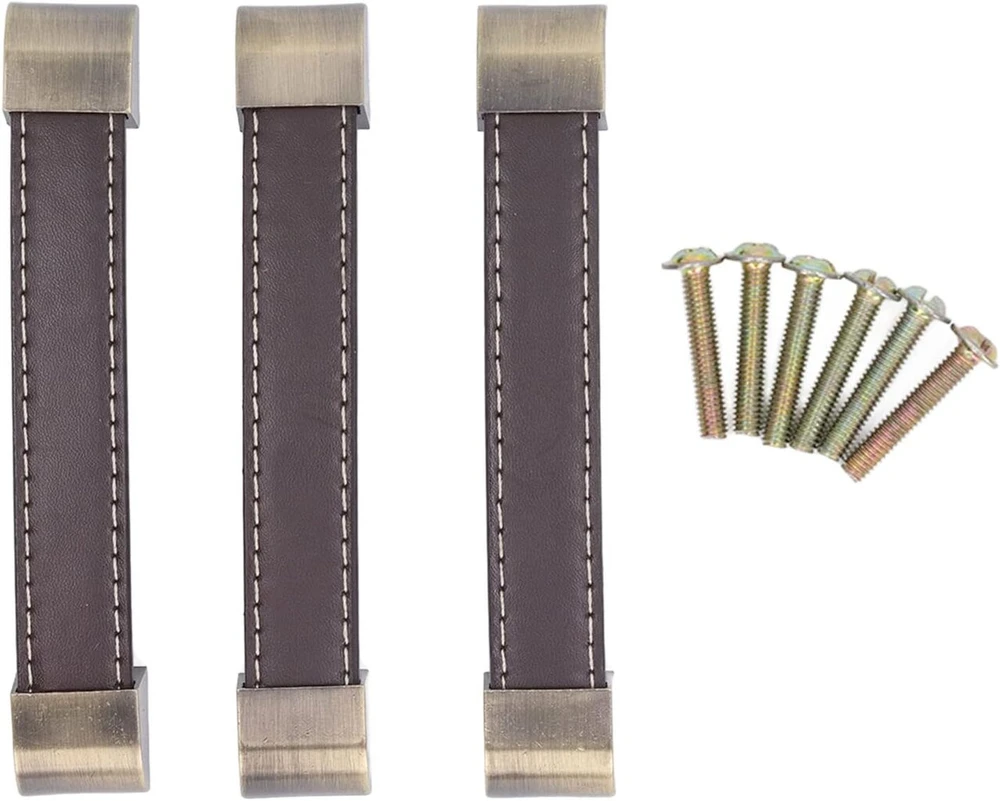 3 odinės spintelės durelių rankenų komplektas, 14,8 x 2,4 x 1,8 cm odinės rankenos baldams, antikvarinė stalčiaus rankena su varžtu, spintelės rankenėlės, traukimo rankena bagažui, vyno dėžės rankena, spintos traukimo rankena
