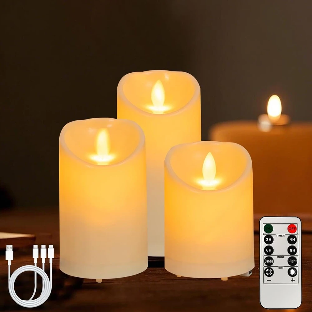 3 vnt. Led arbatinės žvakės su įkrovimu ir nuotolinio valdymo pulteliu