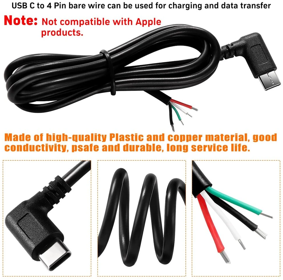 3 vnt. Usb-c 90° laidas su atvirais galais, 100 cm, 5v 3a