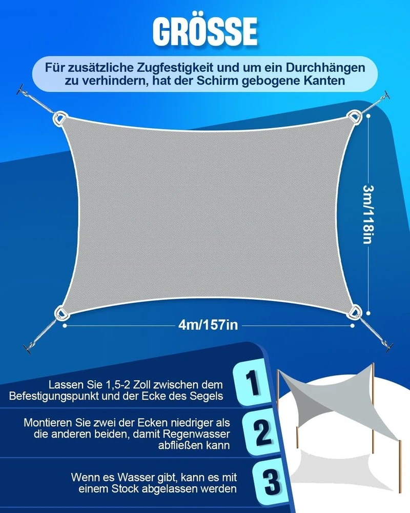 3 x 4 m stačiakampė markizė, premium hdpe 95% uv laidumas orui, su kilpomis ir tvirtinimo virvėmis, vandeniui atspari markizė, idealiai tinka lauko sodui, stovyklavimui, terasai (dutch pilkas)