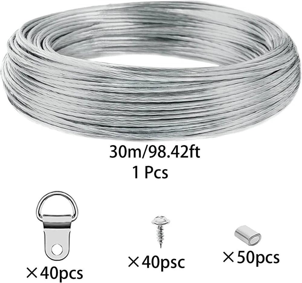 30 m vielinis lynas, 0,7 mm, paveikslų rėmeliams, kabinimo viela, d-žiedo paveikslų rėmelių kabliukas ir varžtai, įdėklas paveikslų rėmeliams, ženklams, vijokliniams augalams kabinti