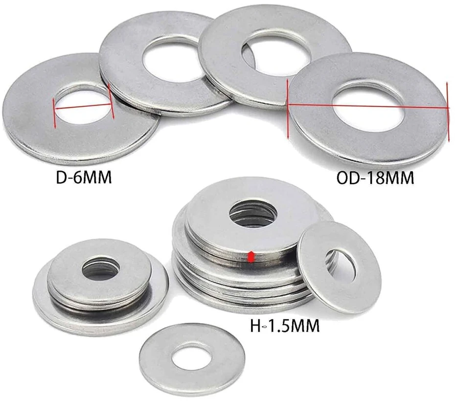 30 nerūdijančio plieno poveržlių m6 (18 mm x 1,5 mm) pakuotė. aukštos kokybės 304 nerūdijančio plieno poveržlės, skirtos m6 varžtams, veržlėms ir sriegtoms strypams, atsparios korozijai ir patvarios