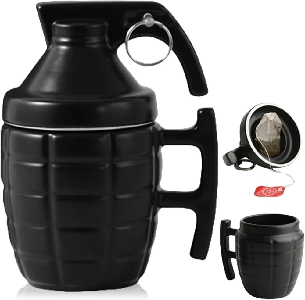 350 ml keramikinis puodelis "rankų granata", juokingas granatos puodelis su dangteliu, personalizuotas kavos puodelis, 3d granatos alaus puodeliai kavai, arbatai, gėrimams, kavos puodeliai biurui, kariuomenės gerbėjams, juokinga dovana