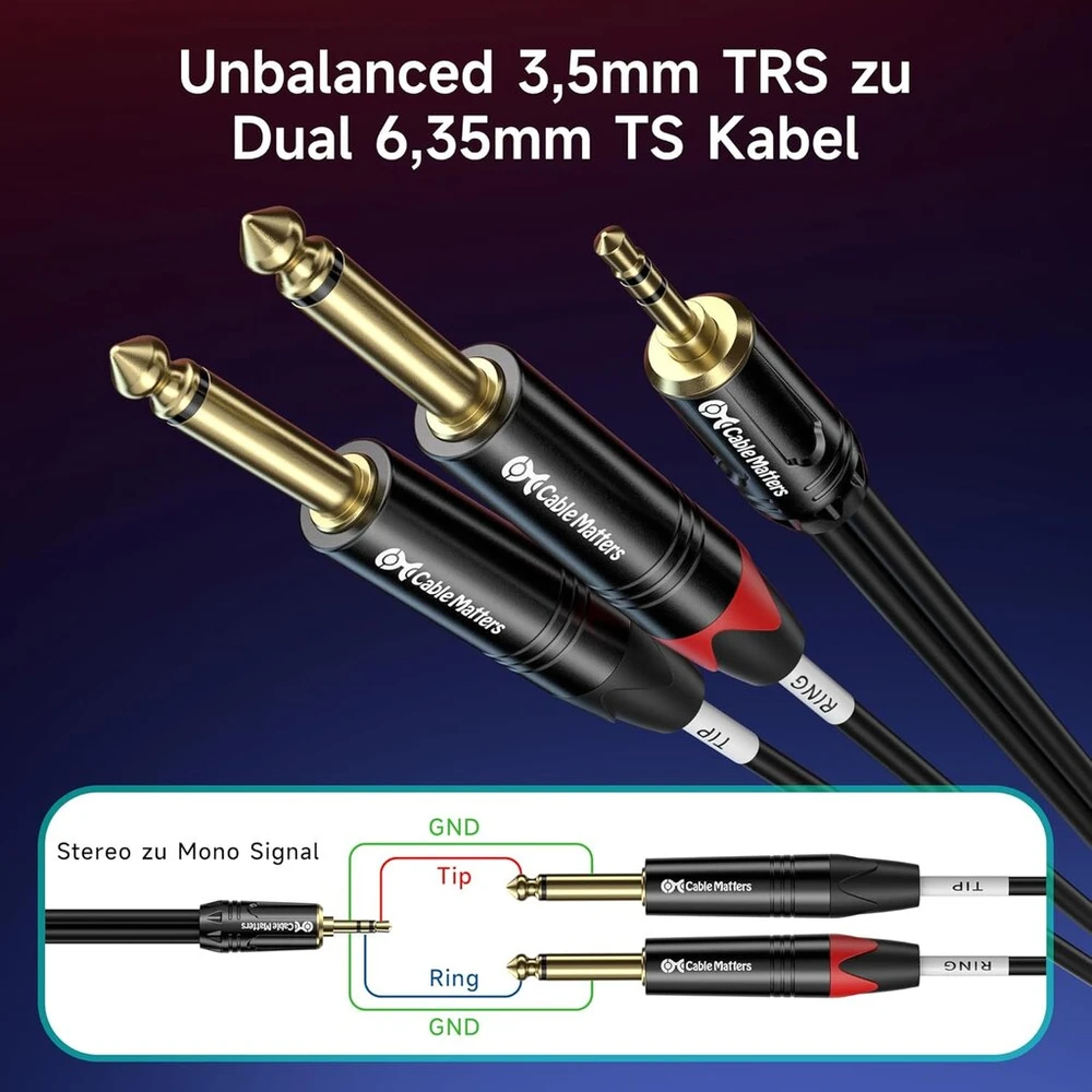 3.5mm į 2x 6.35mm stereo adapterio kabelis, 0.9m