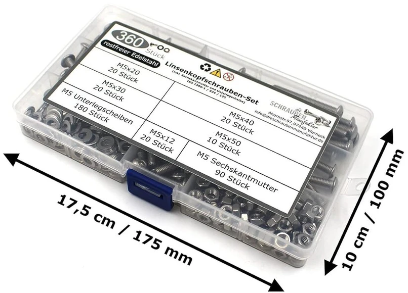 360 apvaliagalvių varžtų su šešiabriaune įpjova/torx (tx) rinkinys pagal iso 7380-1 standartą + šešiakampė veržlė din 934 ir poveržlė din 125, nerūdijantis plienas, dydis m5