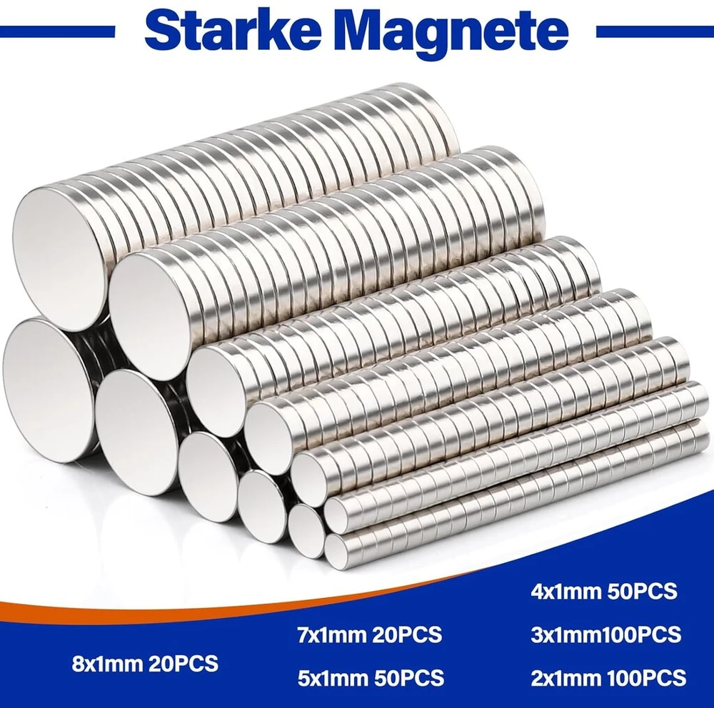 390 mini magnetų rinkinys, stiprūs, maži apvalūs neodimio magnetai, 6 skirtingų dydžių, maži stiprūs magnetai, apvalūs maži magnetai lentai, skirti magnetinei lentai, rankdarbiams, biurui, šaldytuvui