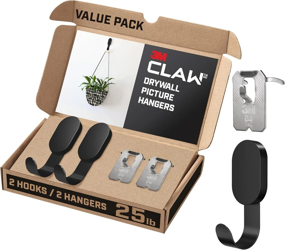 3m Claw (tm 25lb 2 juodos gipso kartono kabliukai ir 2 paveikslų pakabos, sunki pakabinimo priemonė kuprinėms, striukėms, paveikslams ir namų dekorui, 4 vnt.)