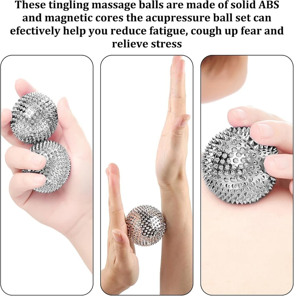 4 dalių ežiuko kamuoliuko metalinis akupresūrinis kamuoliukas, magnetinių masažo kamuoliukų rinkinys su 10 masažo žiedų ir 5 masažo apyrankėmis, įgūdžių kamuoliukas, ežiuko kamuoliukas, streso mažinimo masažo kamuoliukas streso mažinimui ar masažui