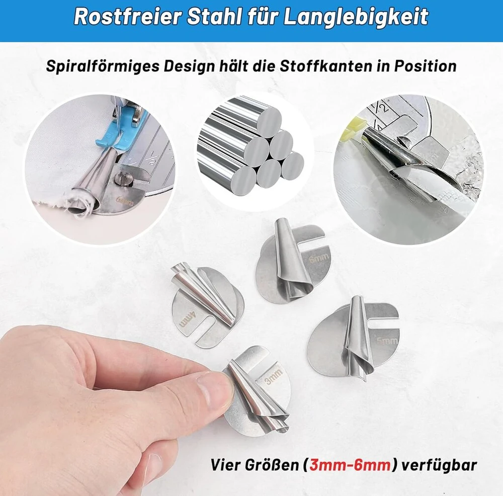 4 dalių rinkinys presavimo pėdelėms valcuotam apsiuvimui, keturių dydžių: 3 mm, 4 mm, 5 mm, 6 mm nerūdijančio plieno siuvimo pėdelė, siuvimo reikmenys, tinkami siuvimo mašinoms